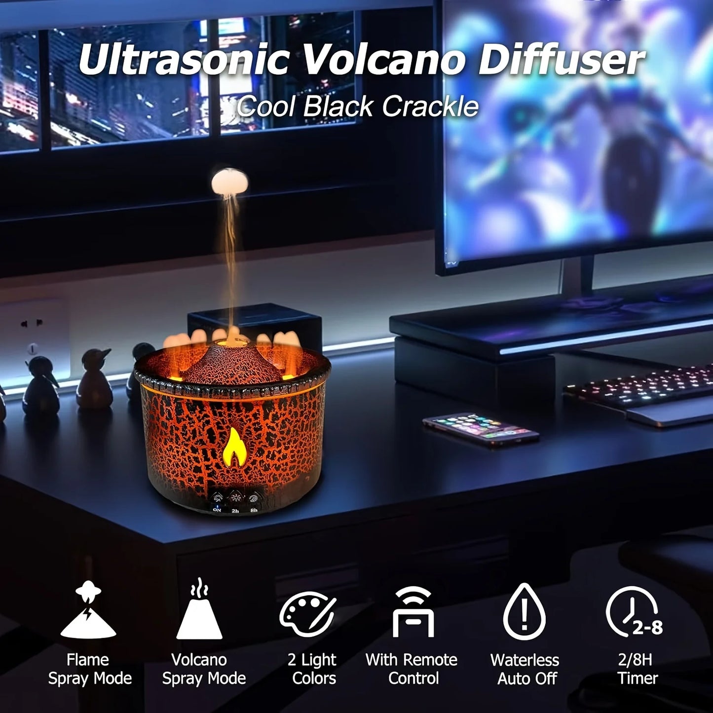 2025 Volcano Essential Oil Diffuser Black with Flame Humidifier