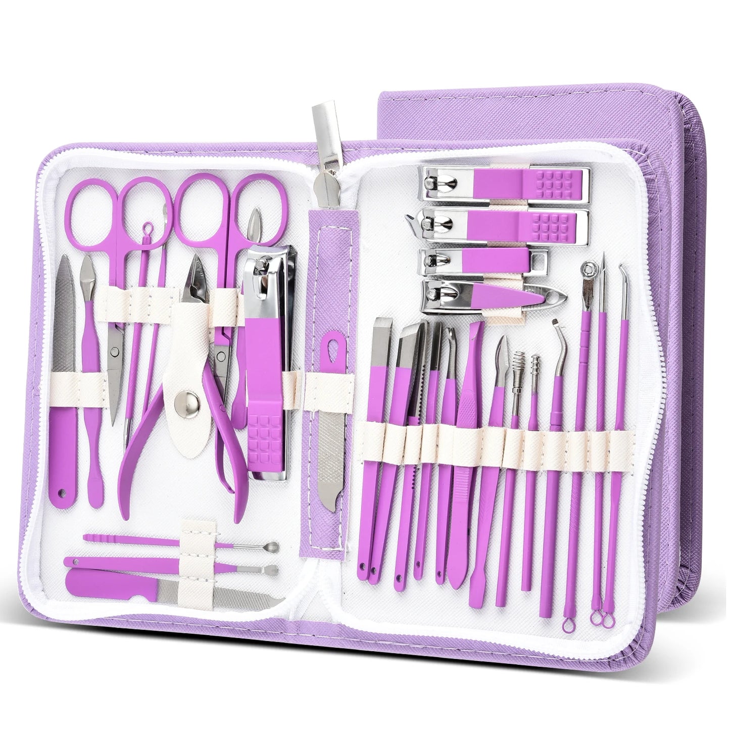 Purple Manicure Set Travel Kit Pink Case Stainless Steel