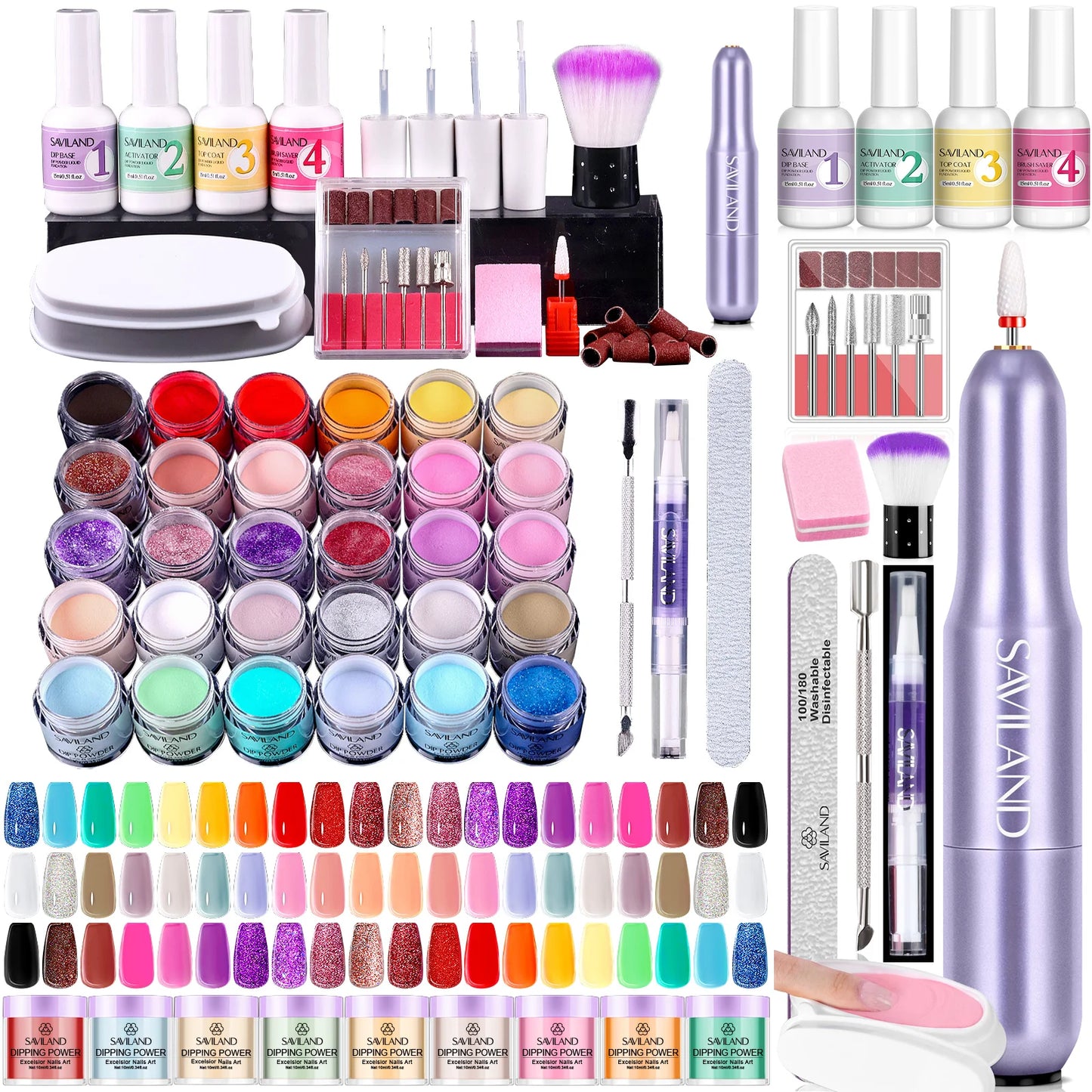 Saviland 30 Colors Dipping Powder With Base Top Coat Drill
