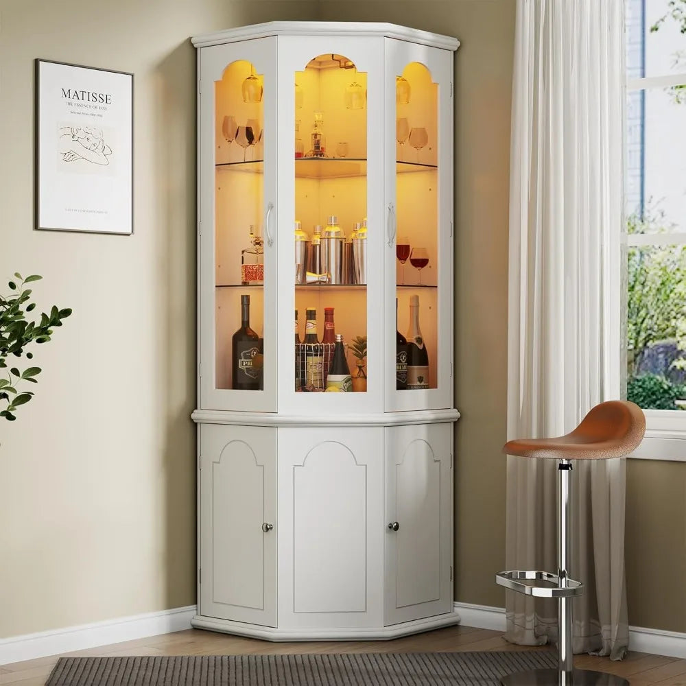 Corner Bar Cabinet With LED Lights Tempered Glass Door