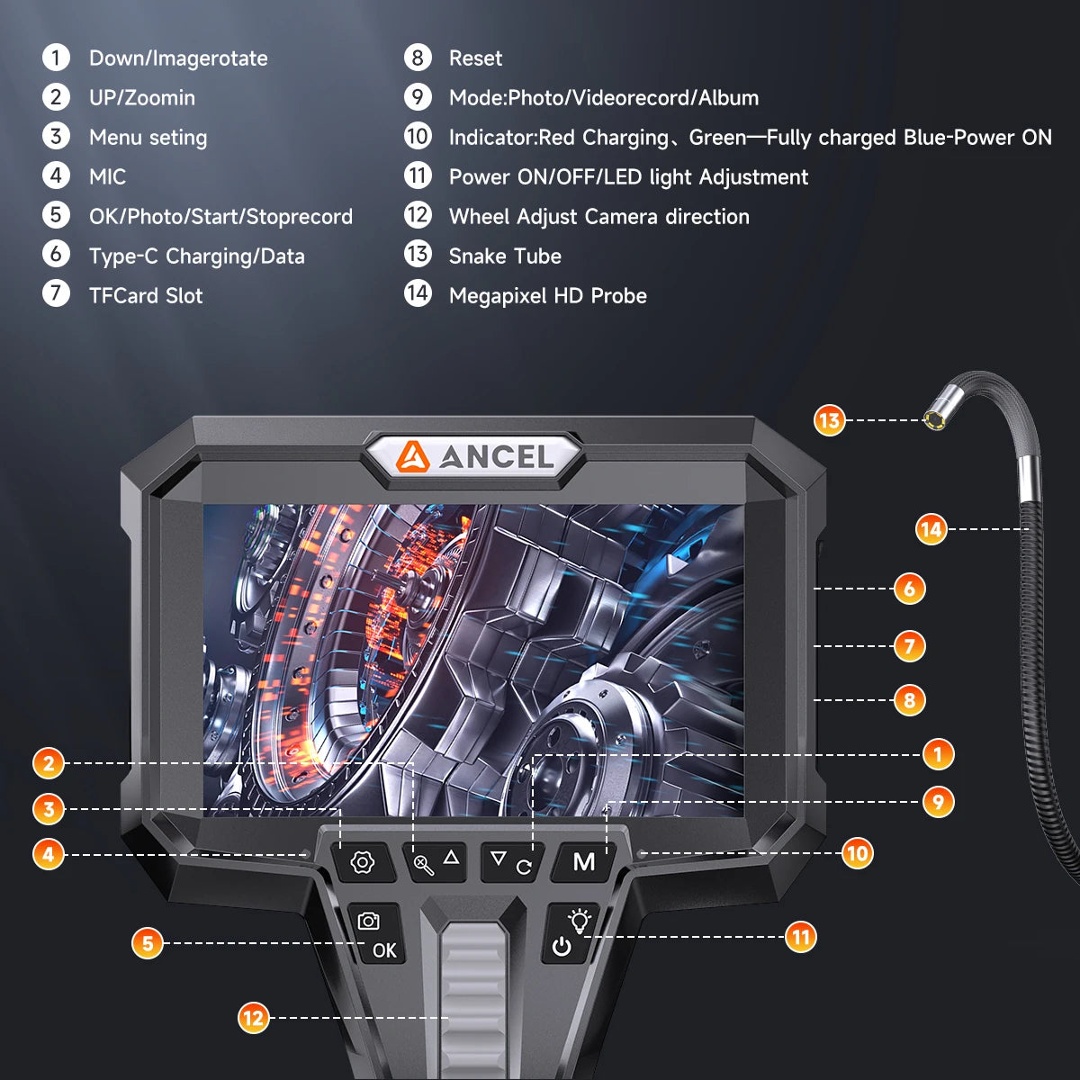 ANCEL AN301 Endoscope Camera 6.2mm IP67 HD1080P Borescope