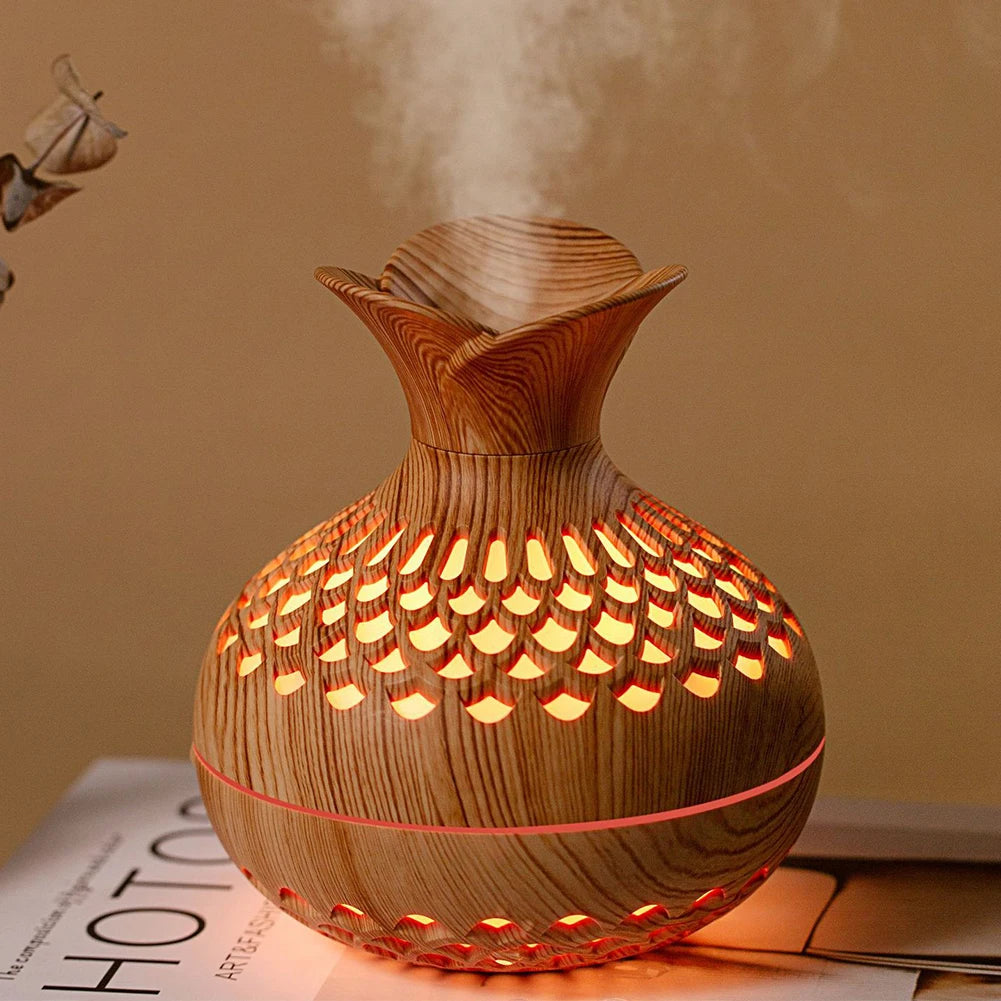 300ML Wood Grain Humidifier with Colorful Night Light USB