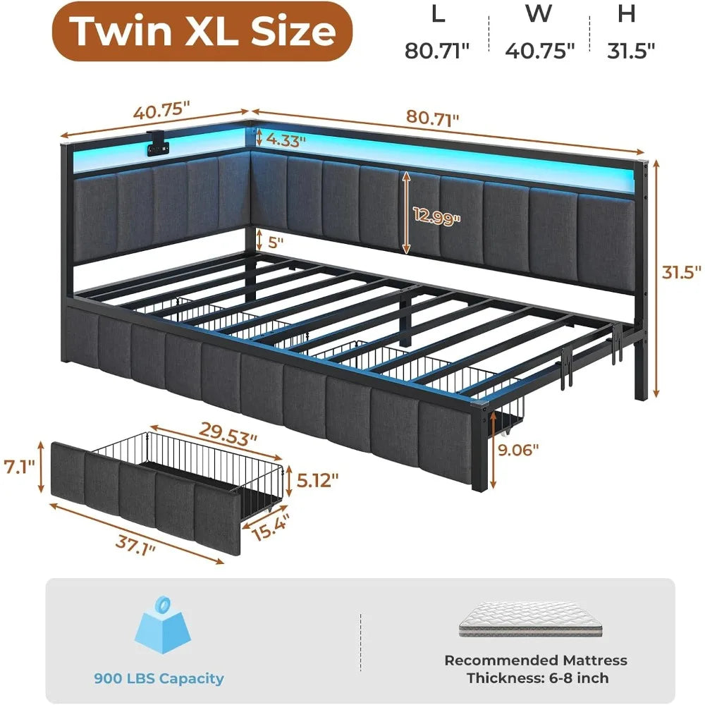 Twin XL Bed Frame With 2 Storage Drawers Charging Station
