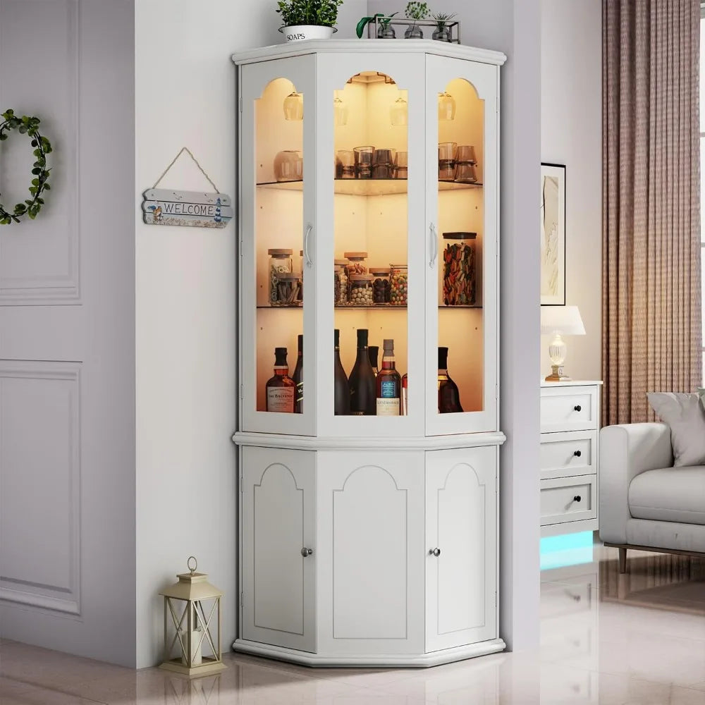 Corner Bar Cabinet With LED Lights Tempered Glass Door