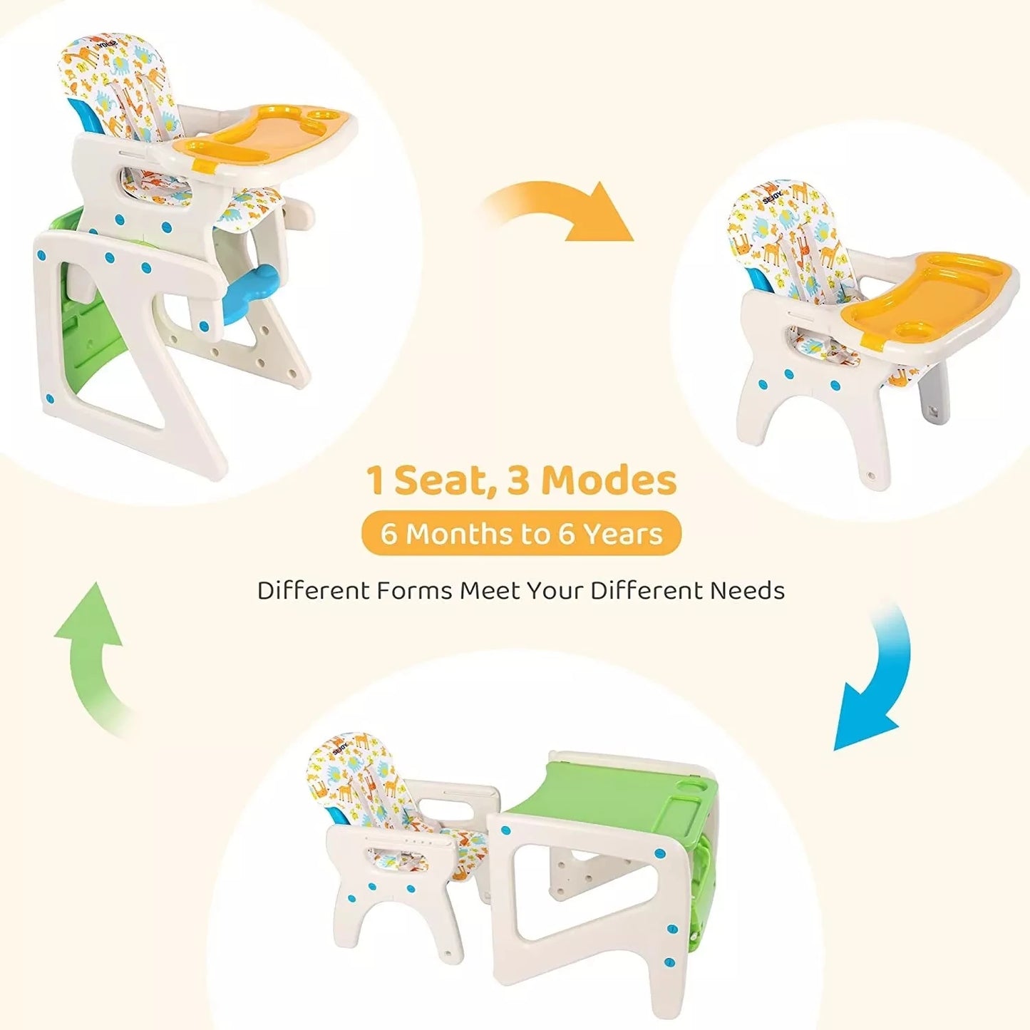 Sejoy 3-in-1 Baby High Chair Adjustable Backrest for Feeding