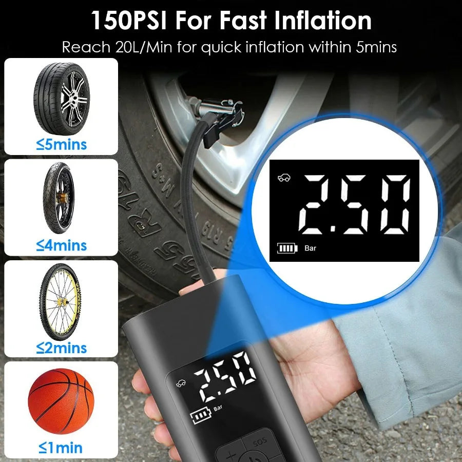 150 PSI Cordless Car Tire Pump With 6000mAh Battery Pack