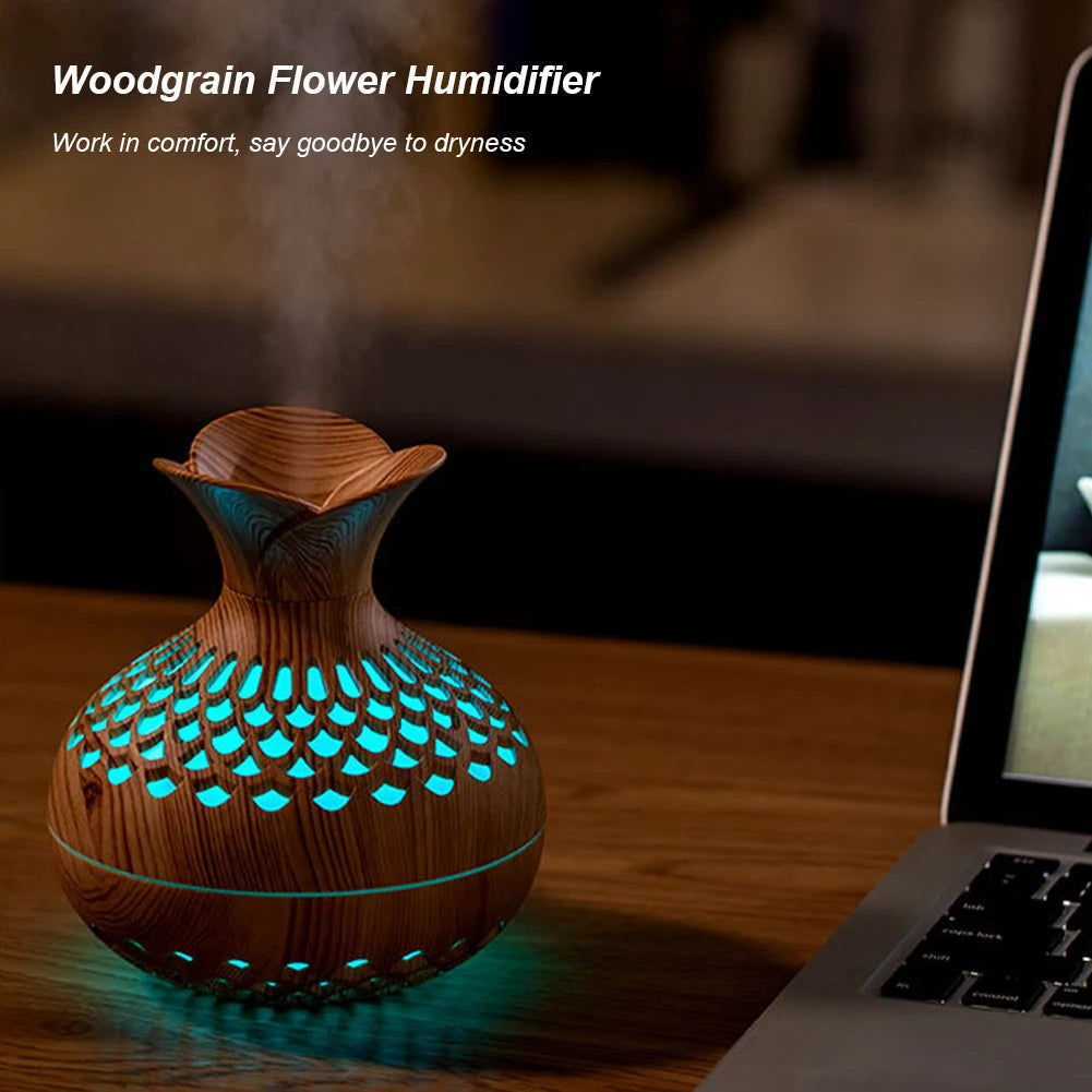 300ML Wood Grain Humidifier with Colorful Night Light USB