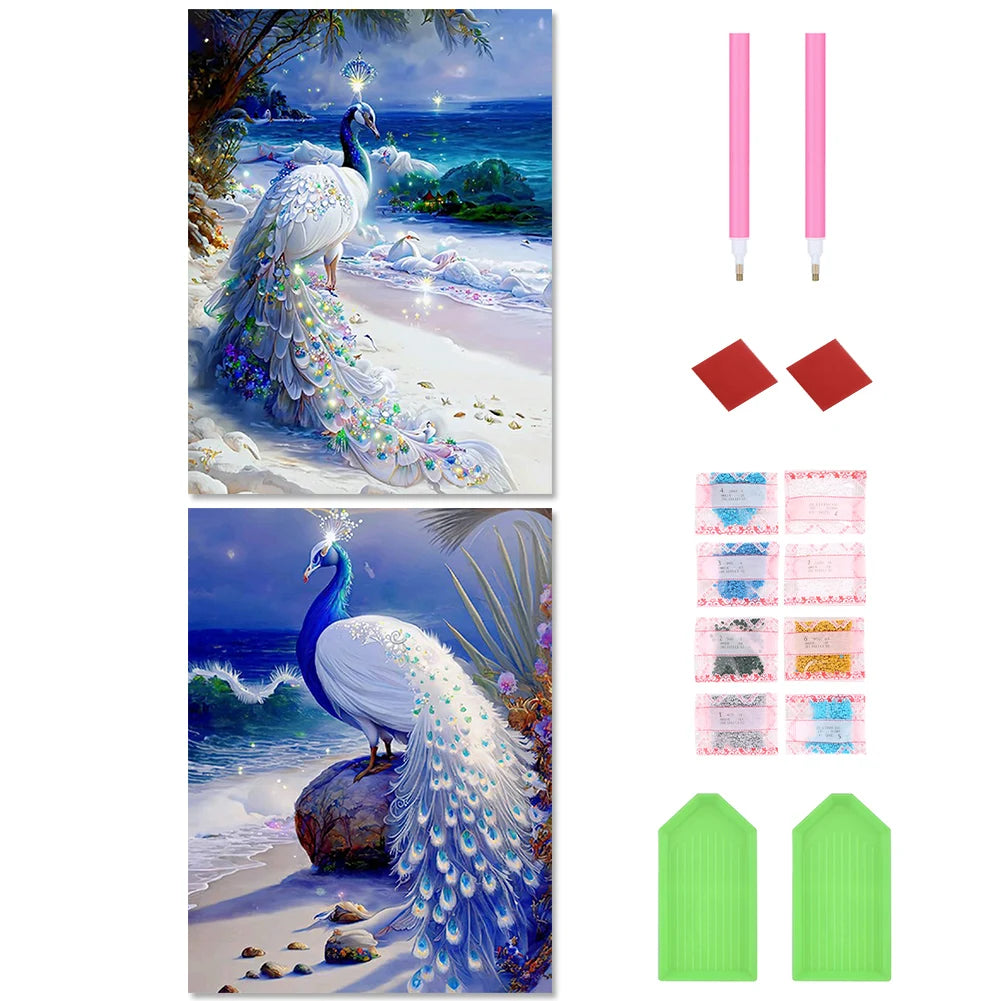 2pcs 5D DIY Full Round Drill Diamond Painting Ornate Peacock Kit Home Decor New Year Gift