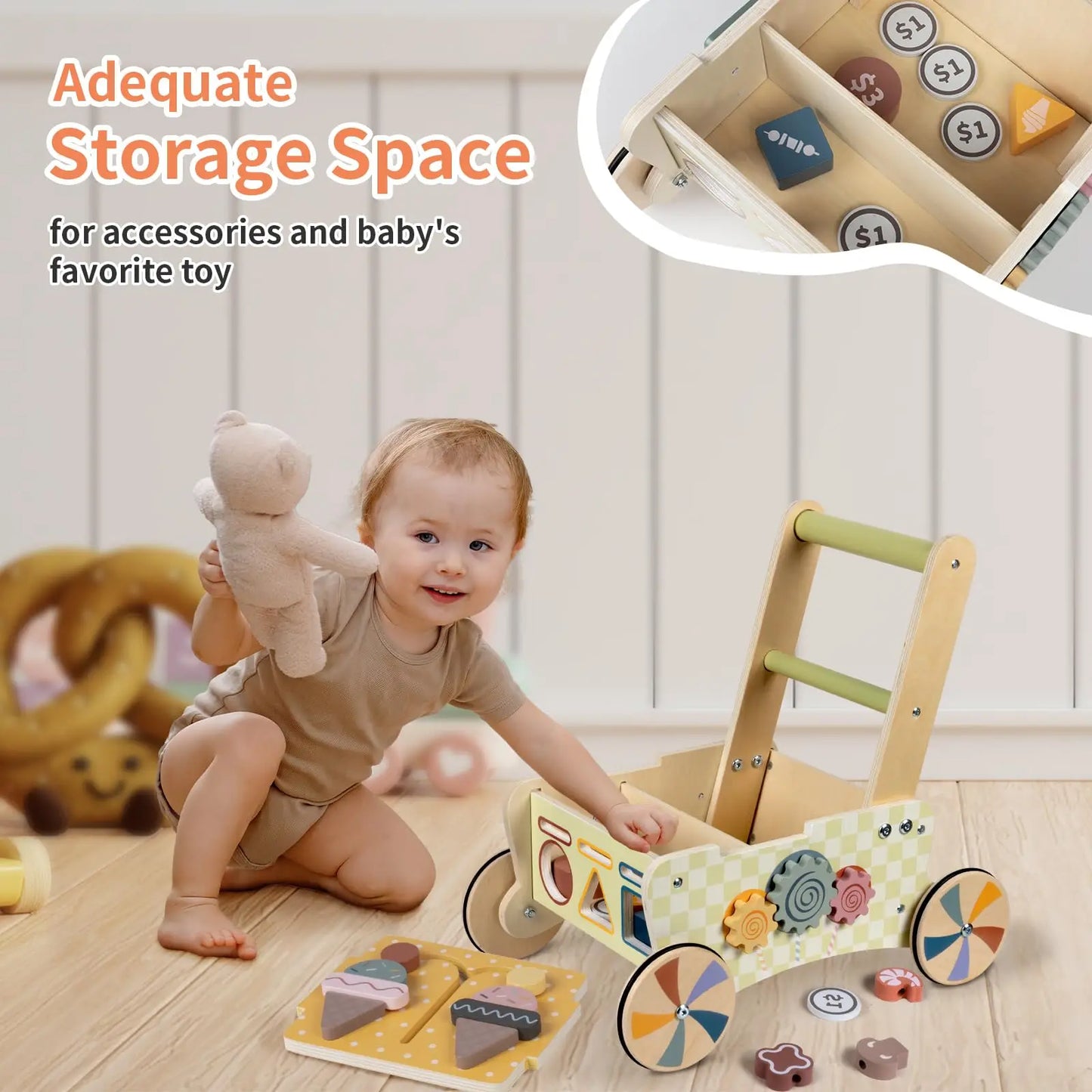 Wooden Baby Push Walker Kids Play Kitchen Activity Center