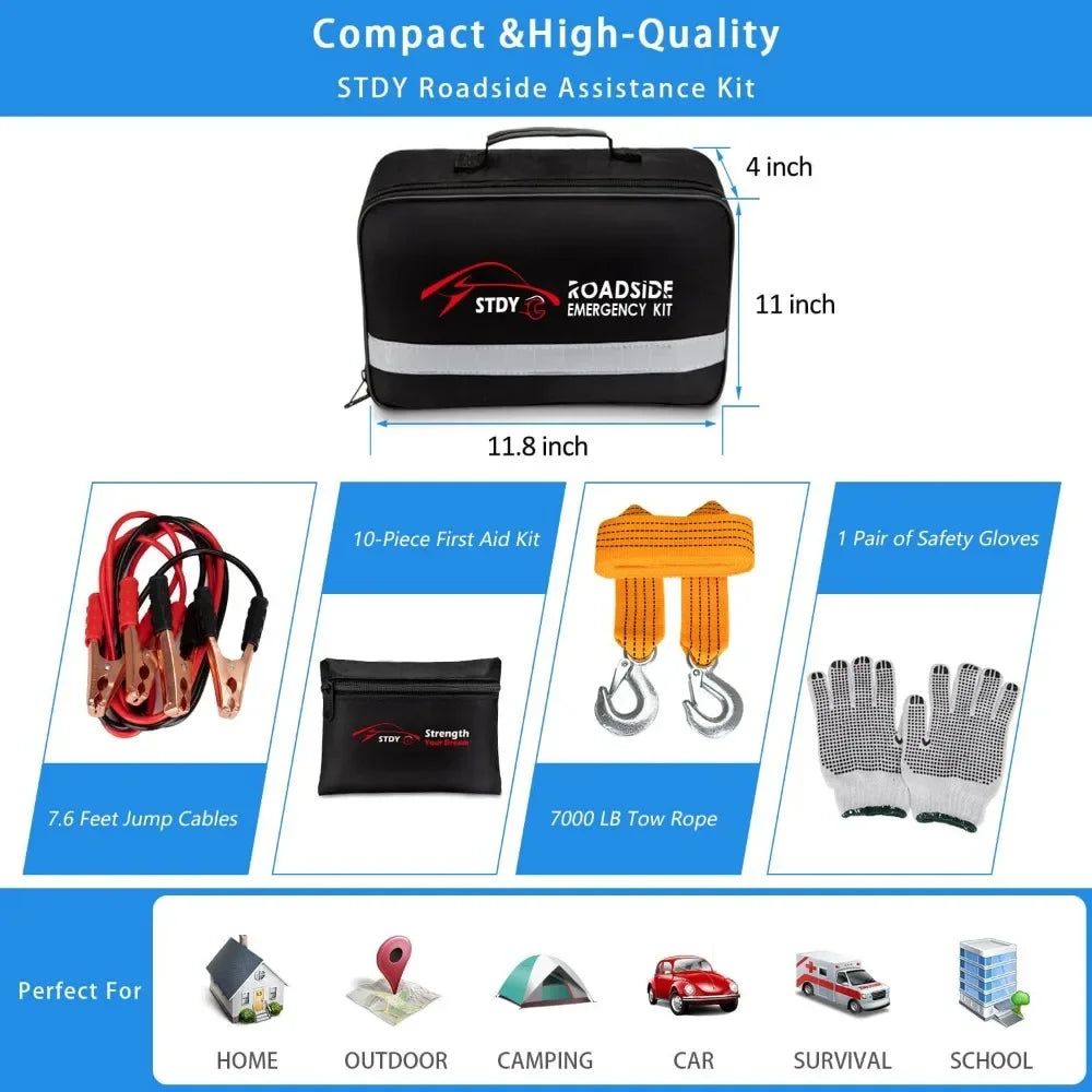 Car Roadside Emergency Kit With Jumper Cables And Tow Rope
