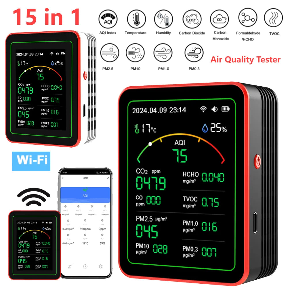 WiFi 15 In 1 Indoor Air Quality Monitor With CO2 TVOC HCHO