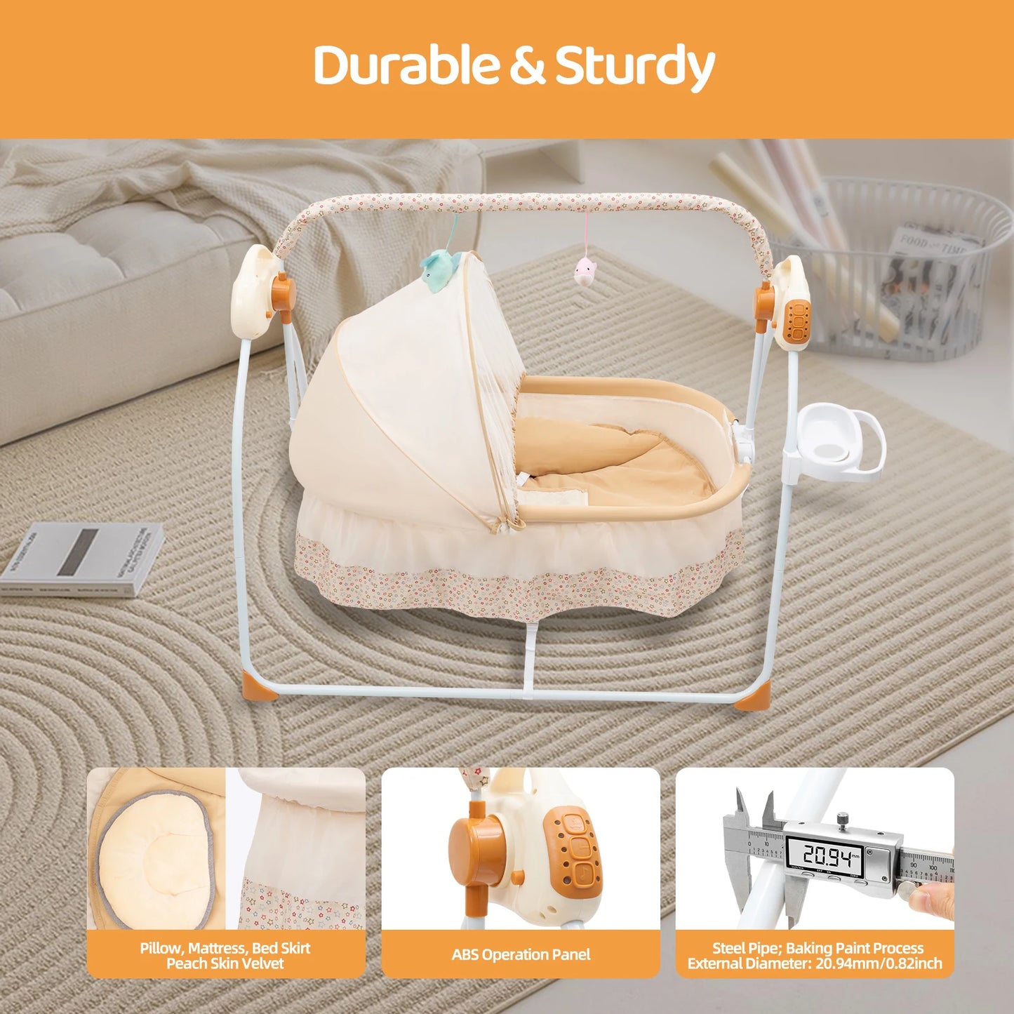 Khaki Electric Baby Cradle with Remote Control and 5 Gears