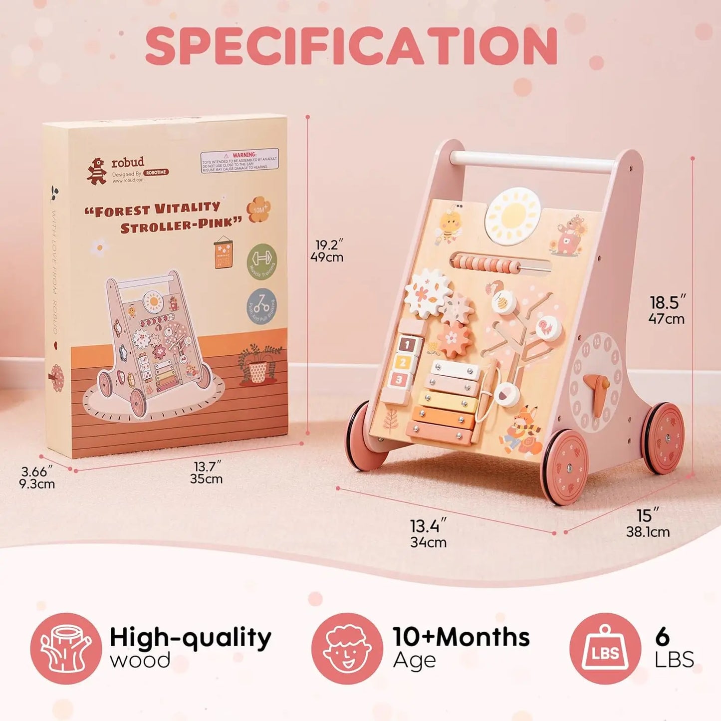 Robotime Robud Wooden Baby Walker Montessori Push Toy 49x37cm