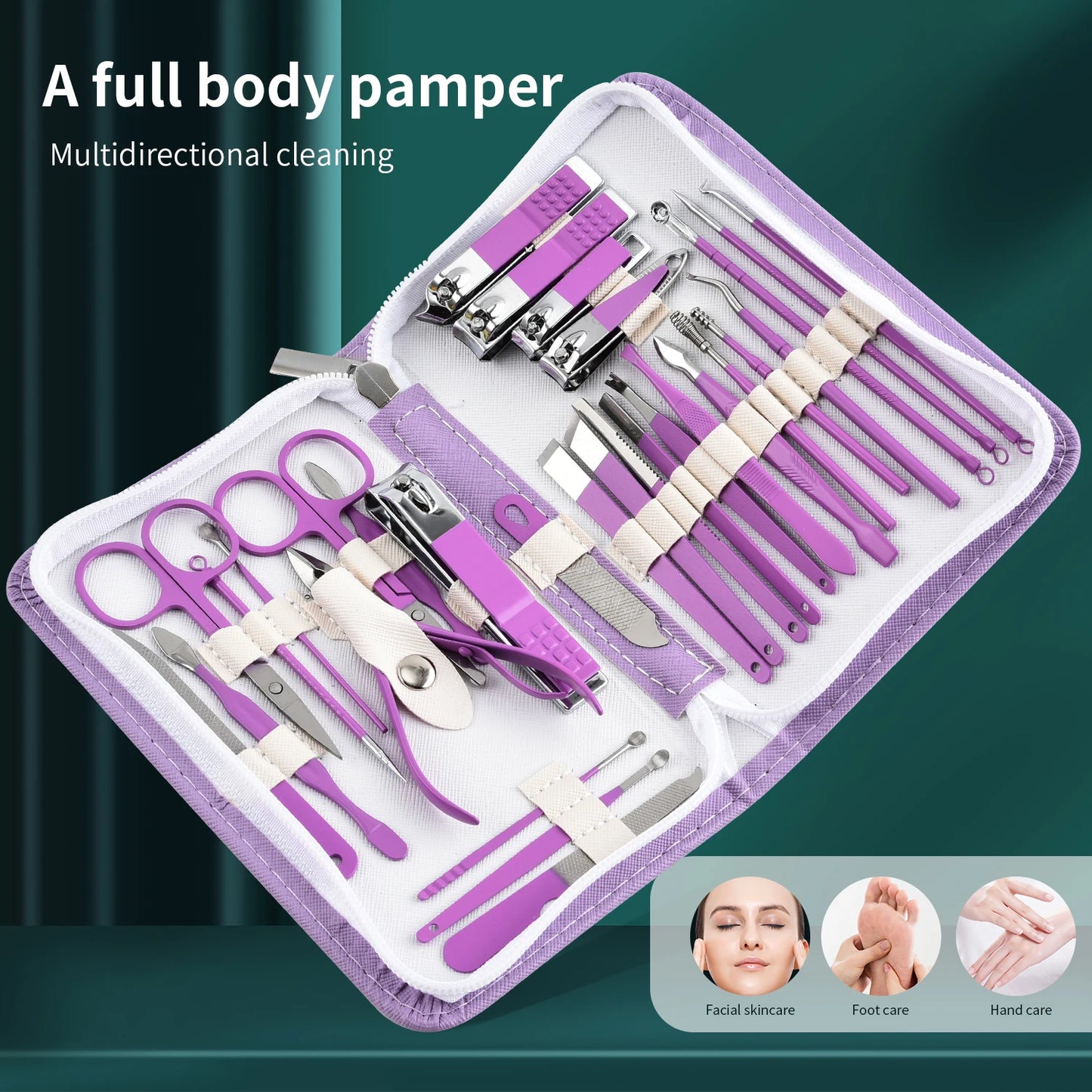 Purple Manicure Set Travel Kit Pink Case Stainless Steel