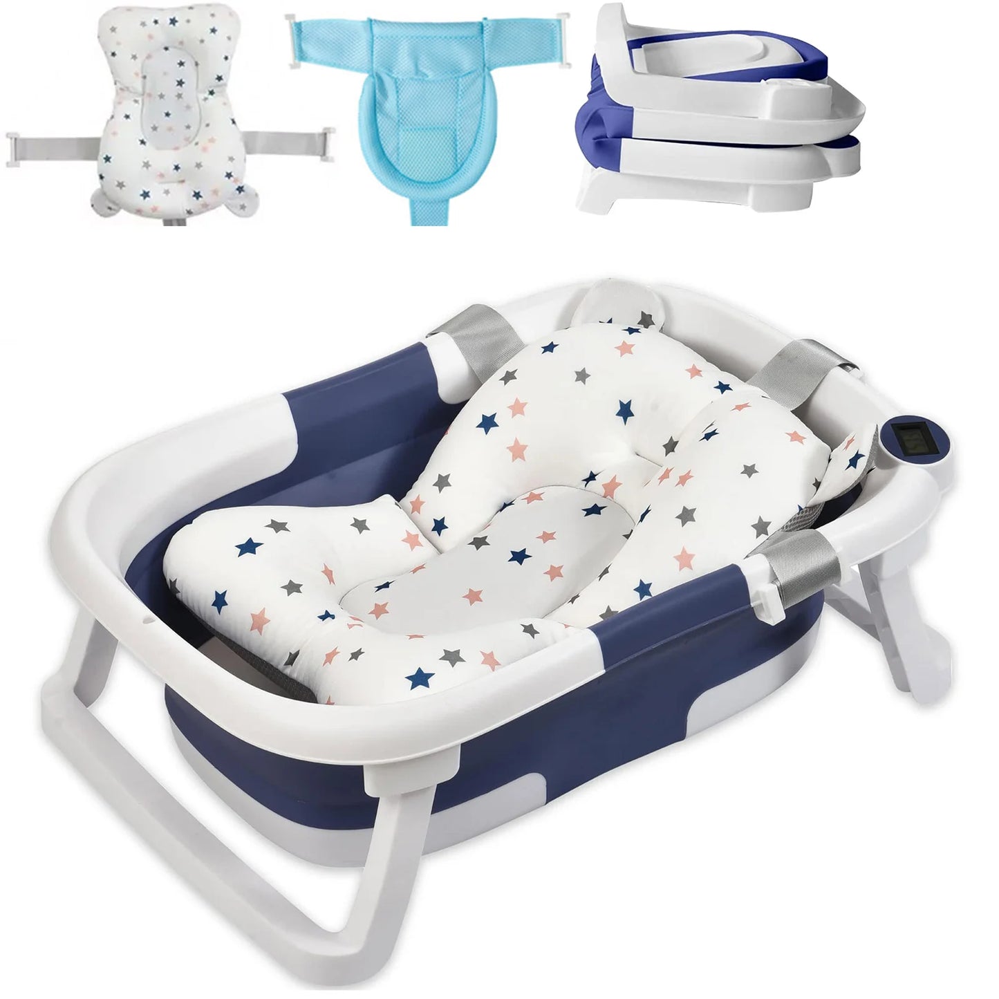 Foldable Baby Bath Tub with Cushion and Thermometer Set