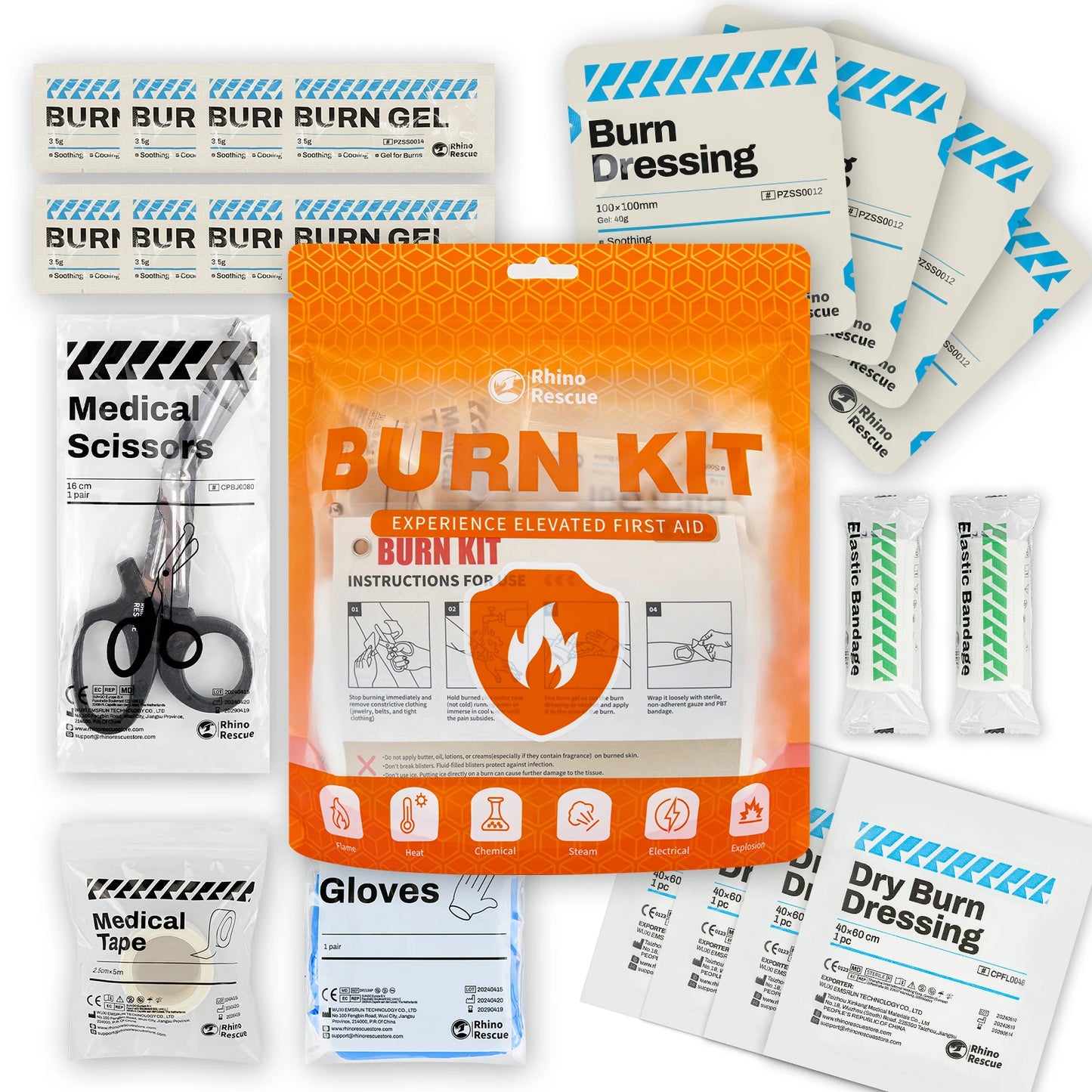 Rhino Rescue Burn Care Kit Dressings Gel Packets Cooling