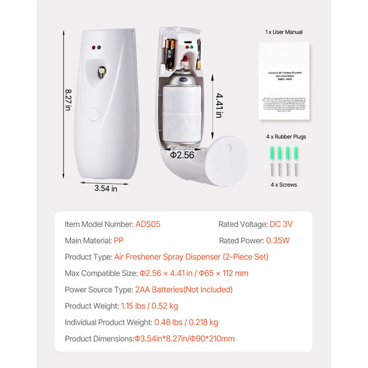 VEVOR Automatic Air Freshener Spray Dispenser 2/4-Pack Wall Mount