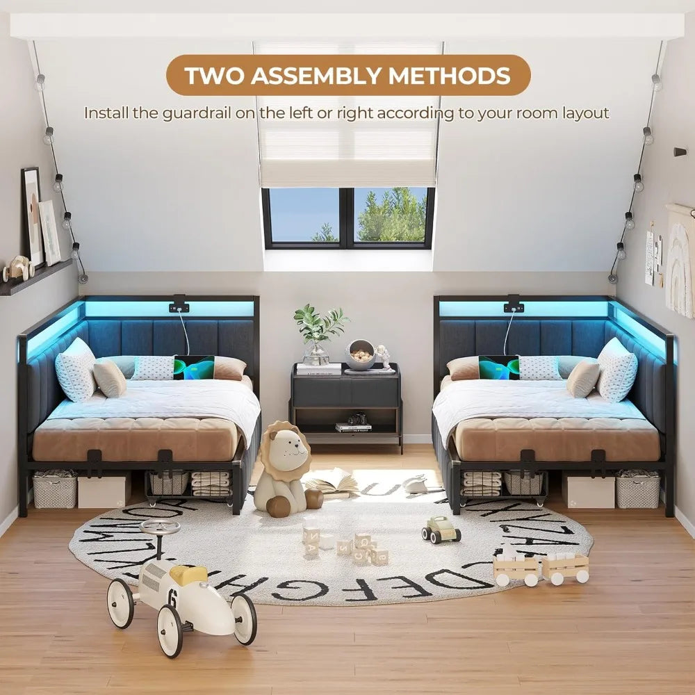 Twin XL Bed Frame With 2 Storage Drawers Charging Station