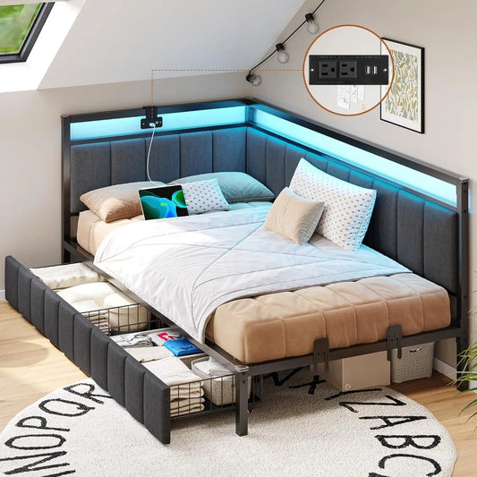 Twin XL Bed Frame With 2 Storage Drawers Charging Station