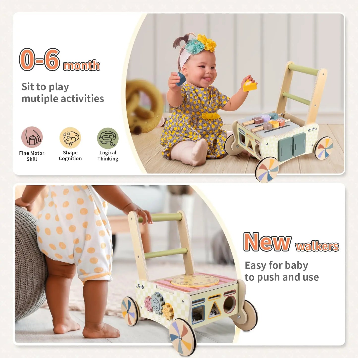 Wooden Baby Push Walker Kids Play Kitchen Activity Center