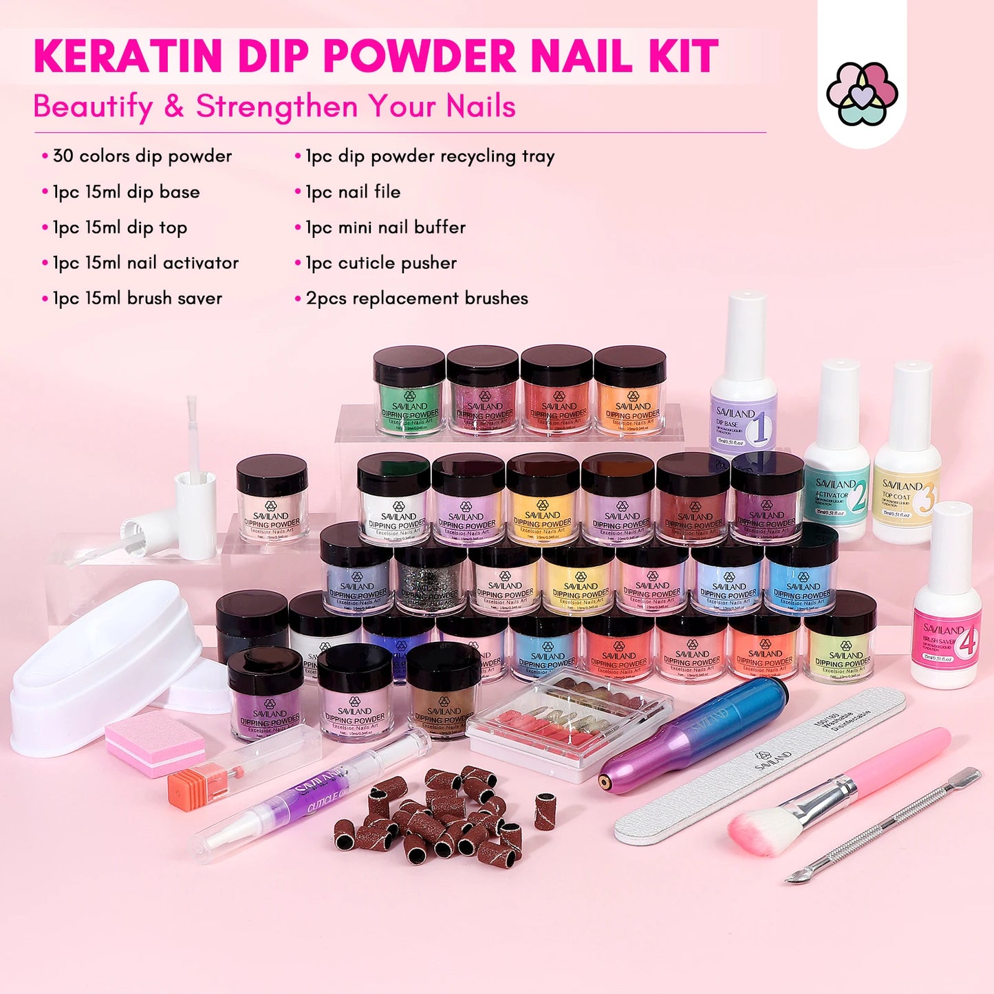 Saviland 30 Colors Dipping Powder With Base Top Coat Drill