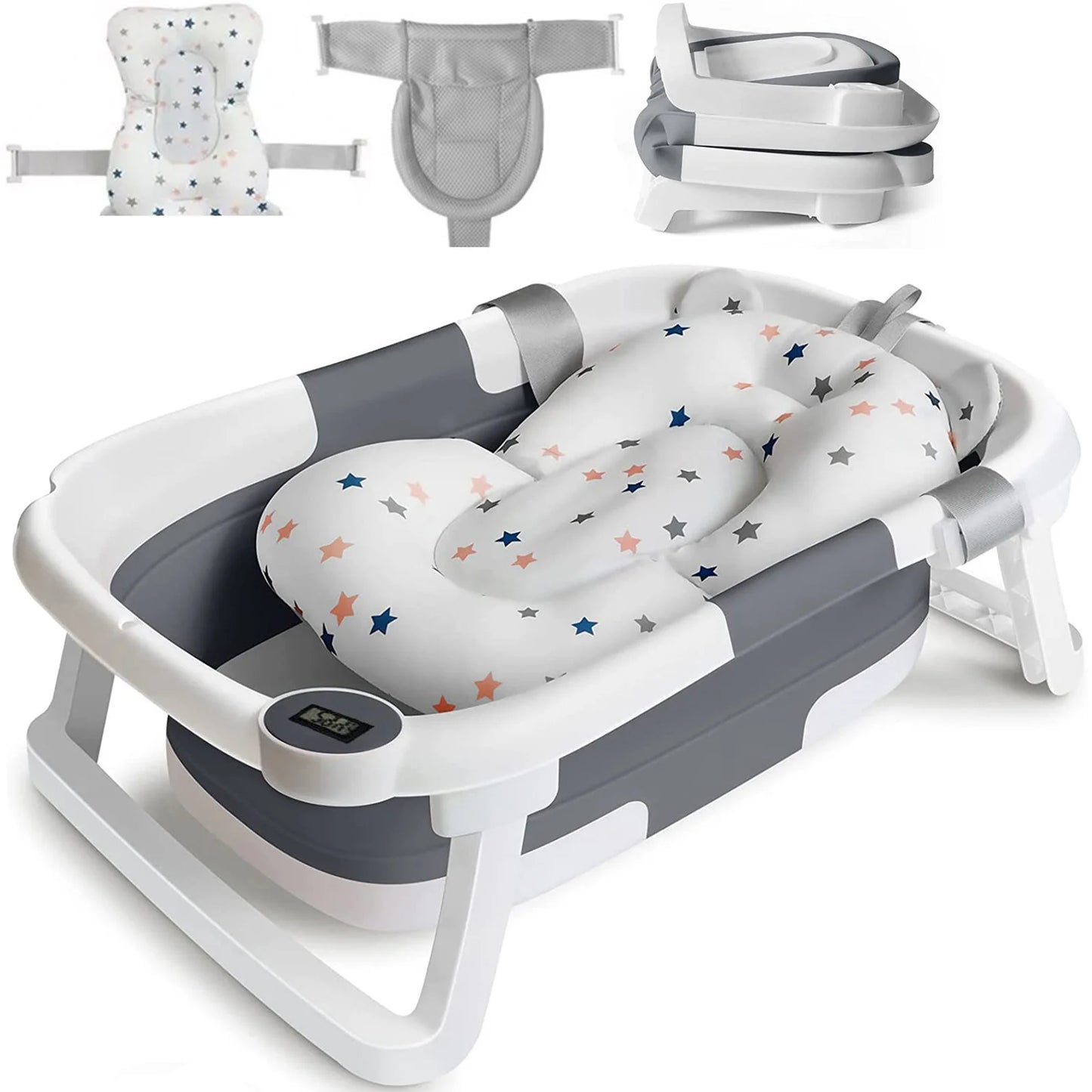 Foldable Baby Bath Tub with Cushion and Thermometer Set
