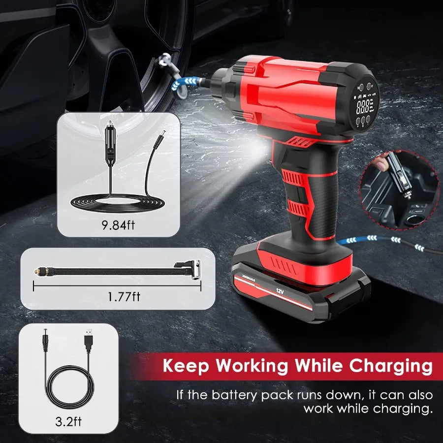 Cordless Car Tire Pump 150 PSI 12V Rechargeable LED Light