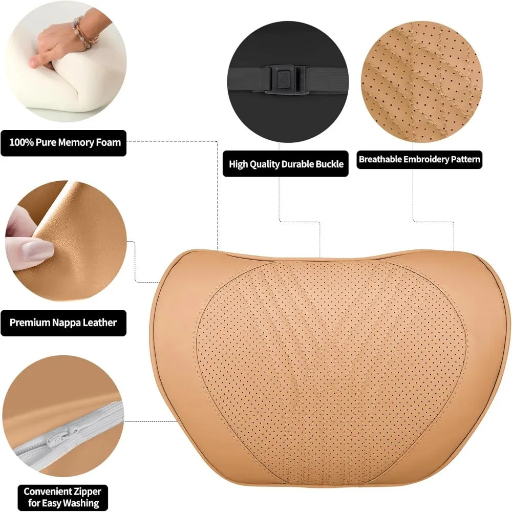 Palomino Brown Leather Car Neck Pillow Memory Foam Headrest