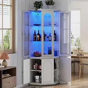 Corner Bar Cabinet With LED Lights Tempered Glass Door