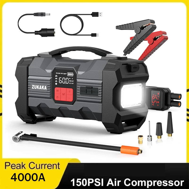 Car Jump Starter With 150 Psi Air Compressor 26800mAh 4000A