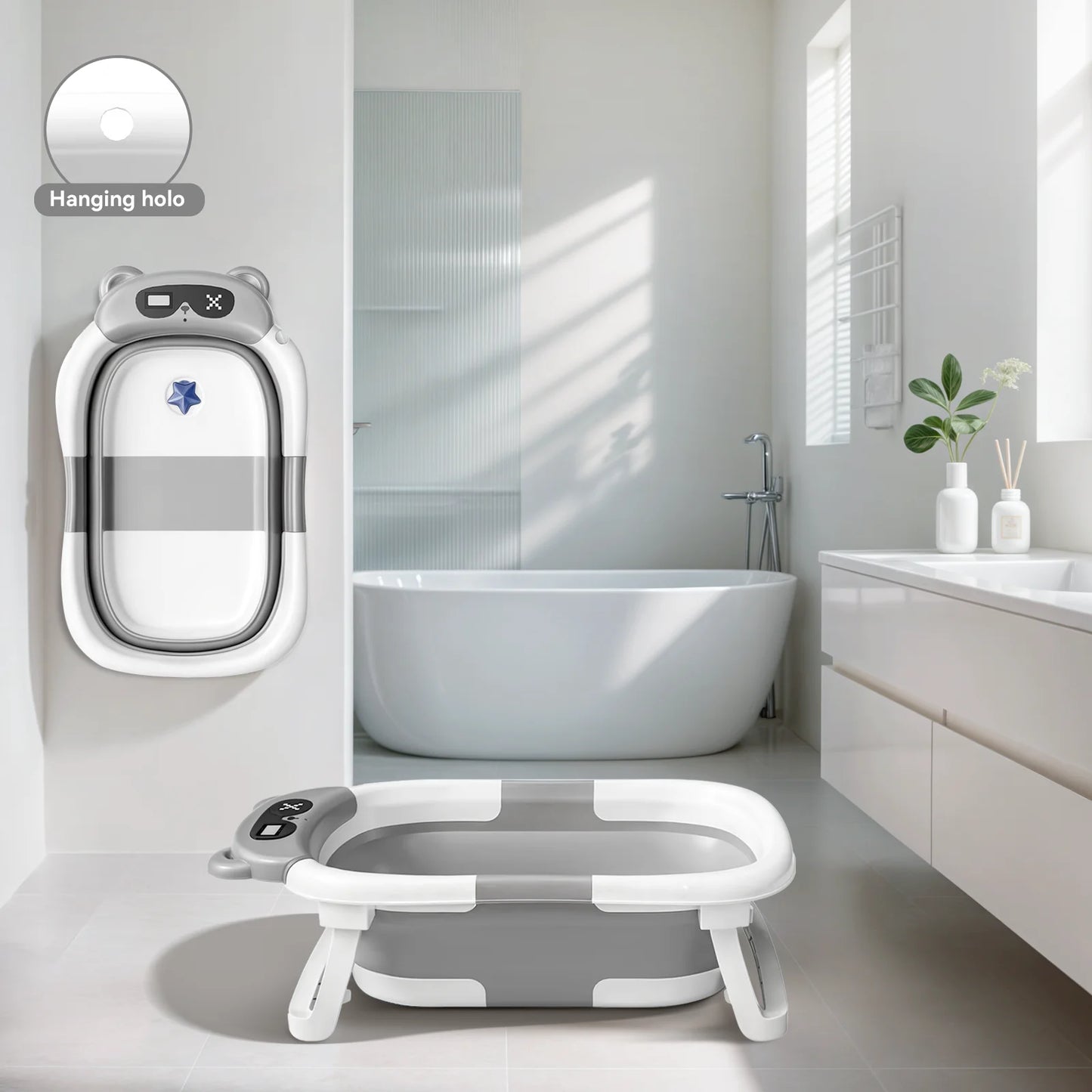 Foldable Baby Bathtub with Soft Cushion and Thermometer