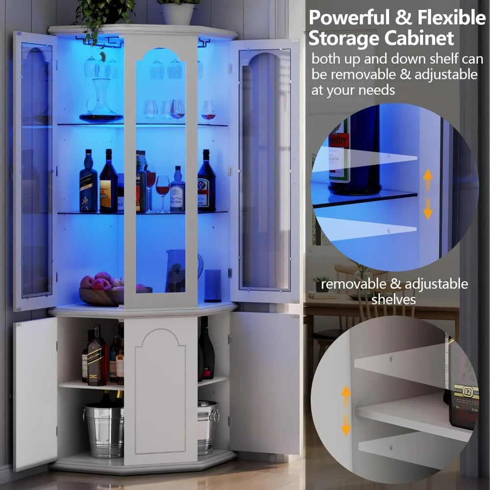 Corner Bar Cabinet With LED Lights Tempered Glass Door
