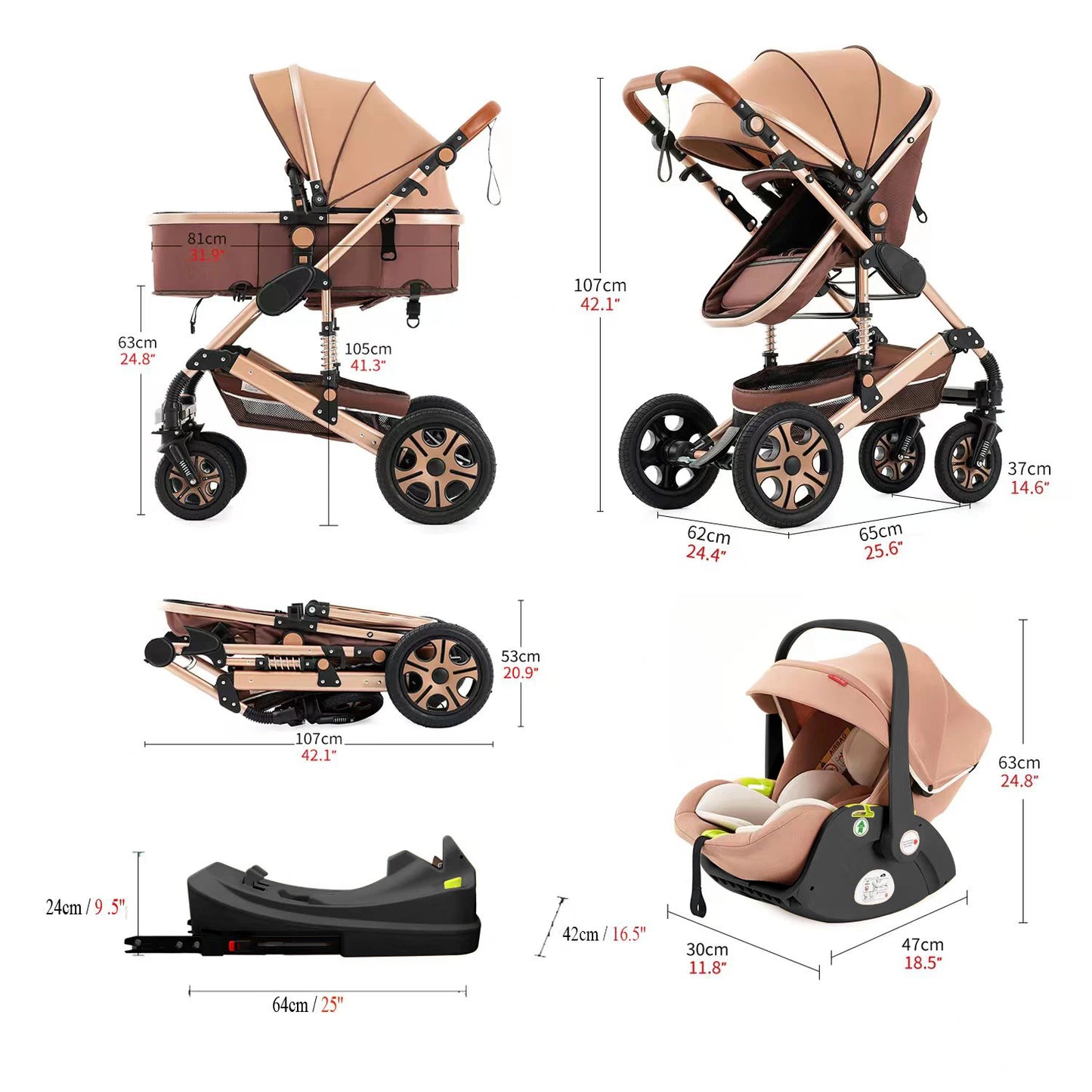 3 in 1 Baby Stroller Travel System with Isofix Base and Foldable