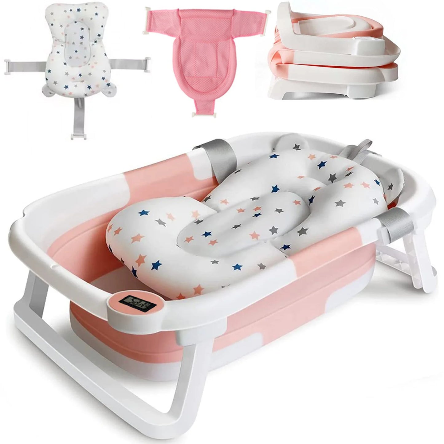 Foldable Baby Bath Tub with Cushion and Thermometer Set