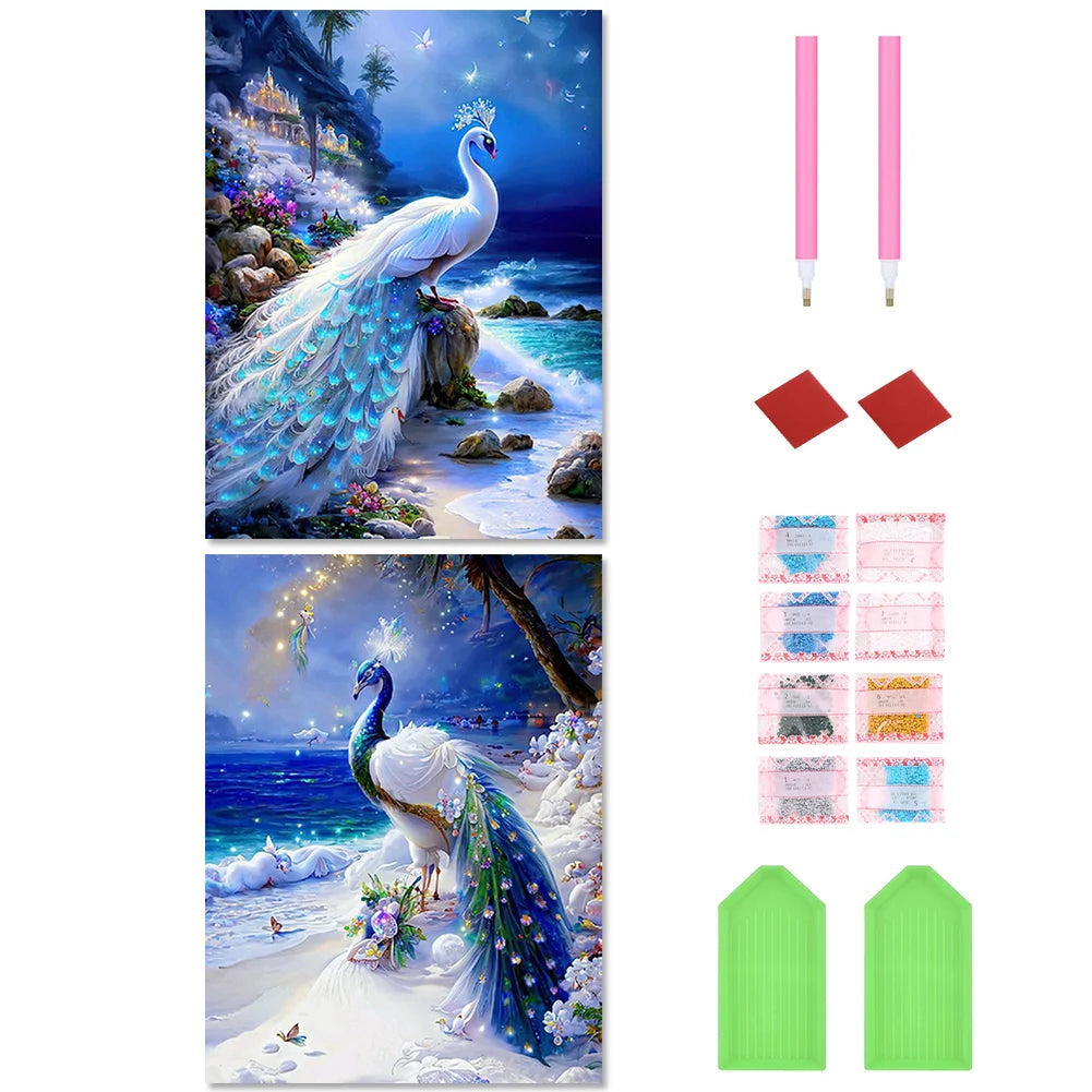 2pcs 5D DIY Full Round Drill Diamond Painting Ornate Peacock Kit Home Decor New Year Gift