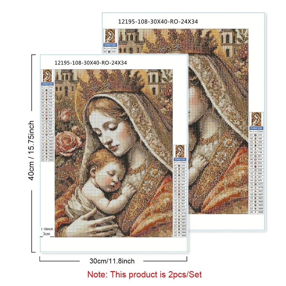 2pcs Set 5D Diamond Painting Virgin Mary Full Round Diamond Art Kit Adult Mosaic Inlay Craft Kit for Home Wall Decoration Gift
