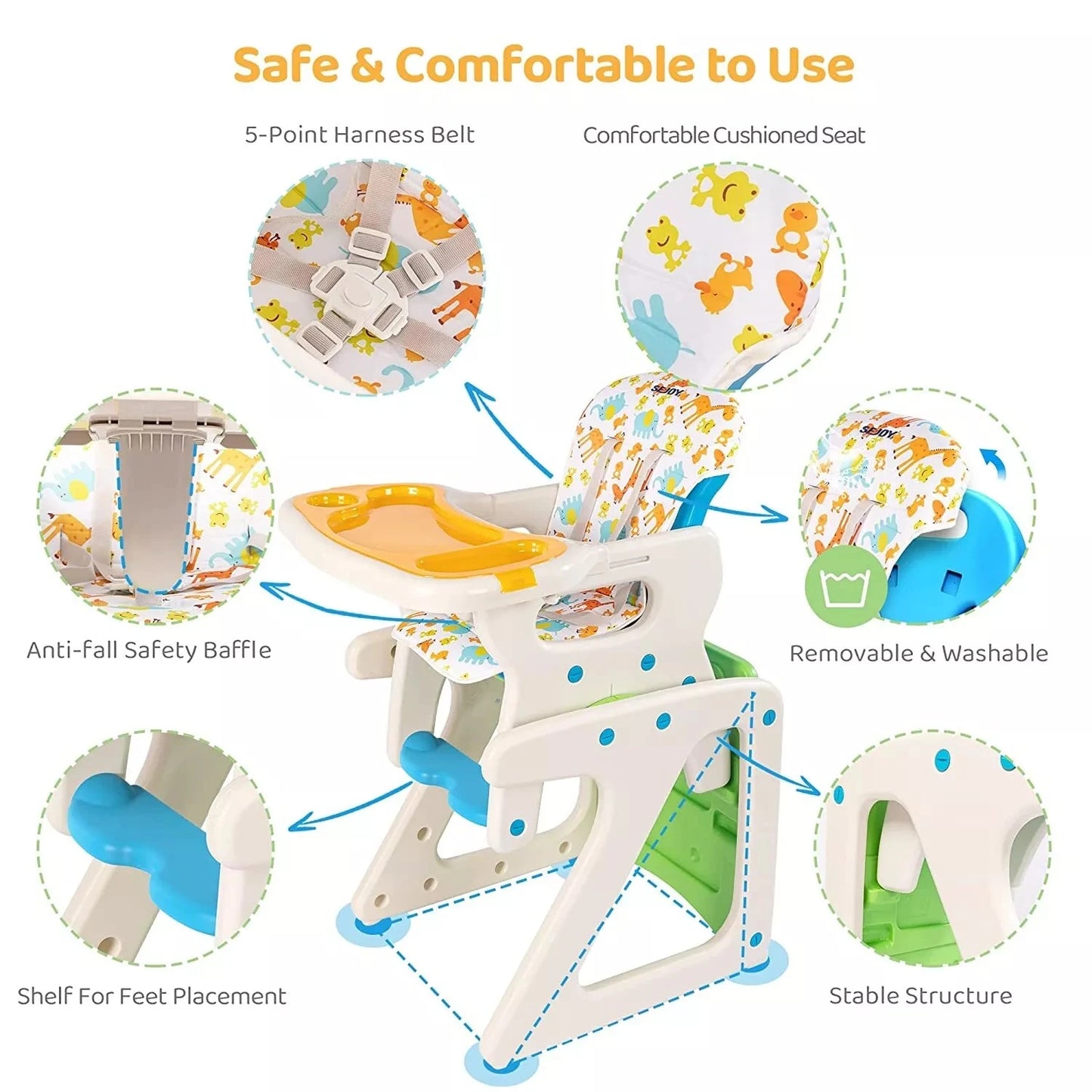 Sejoy 3-in-1 Baby High Chair Adjustable Backrest for Feeding