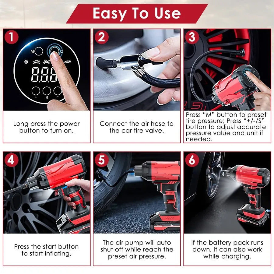 Cordless Car Tire Pump 150 PSI 12V Rechargeable LED Light
