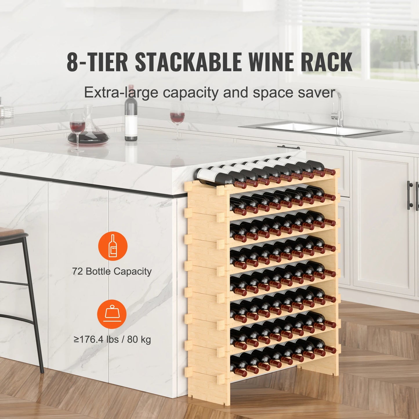 Bamboo 8 Tier Stackable Wine Rack 48 72 Bottles Storage