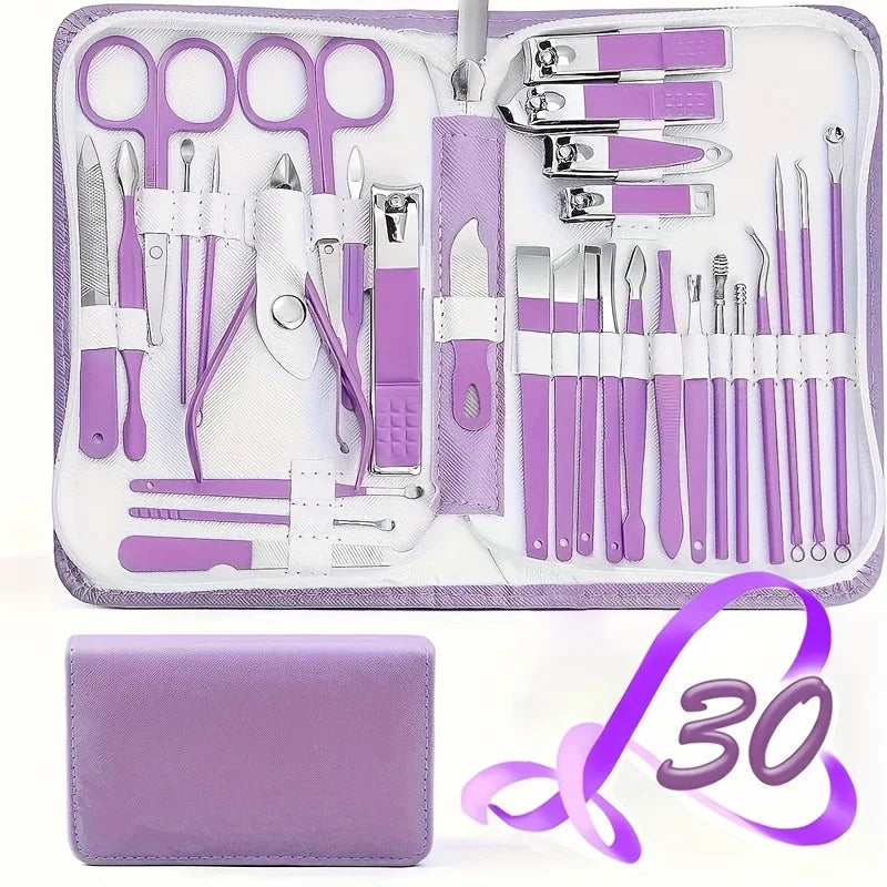 Purple Manicure Set Travel Kit Pink Case Stainless Steel