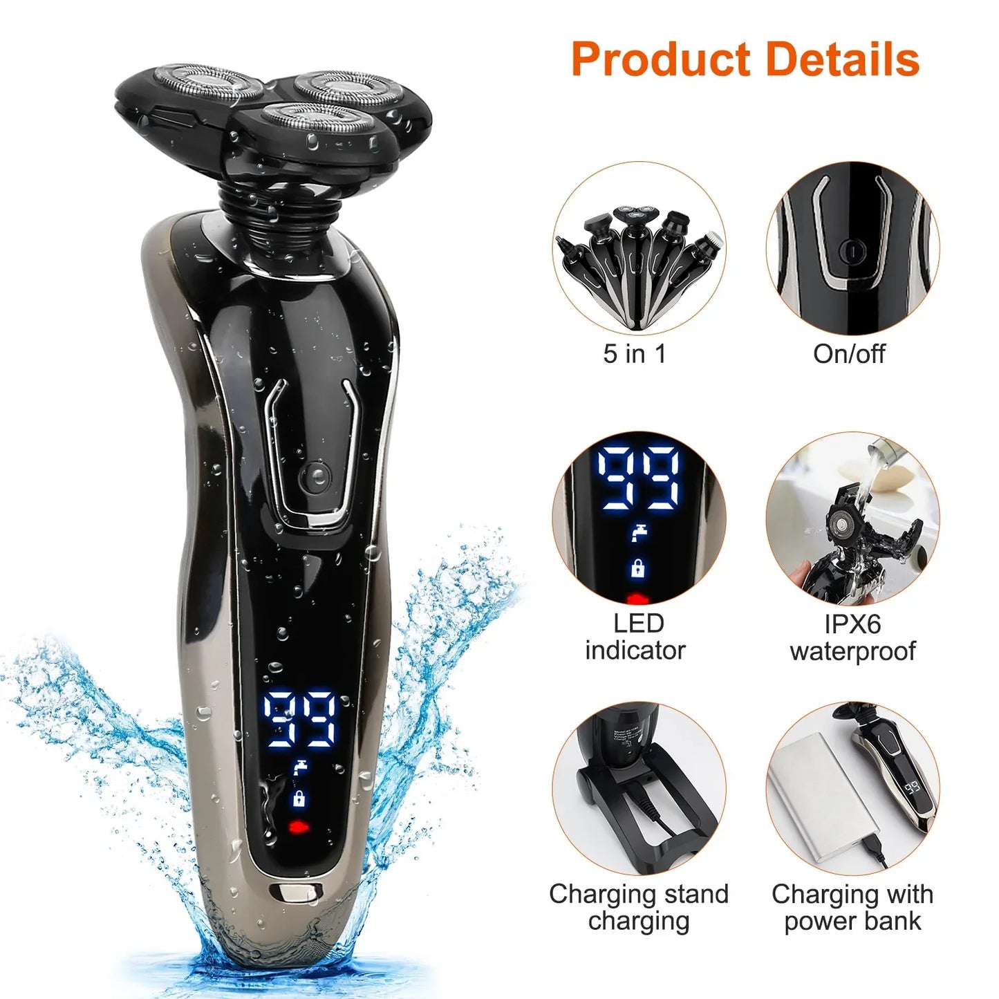 5 In 1 Electric Razor Shaver Kit IPX6 Waterproof Cordless
