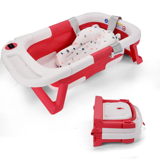 Portable Baby Bath Tub with Cushion and Thermometer for Infants