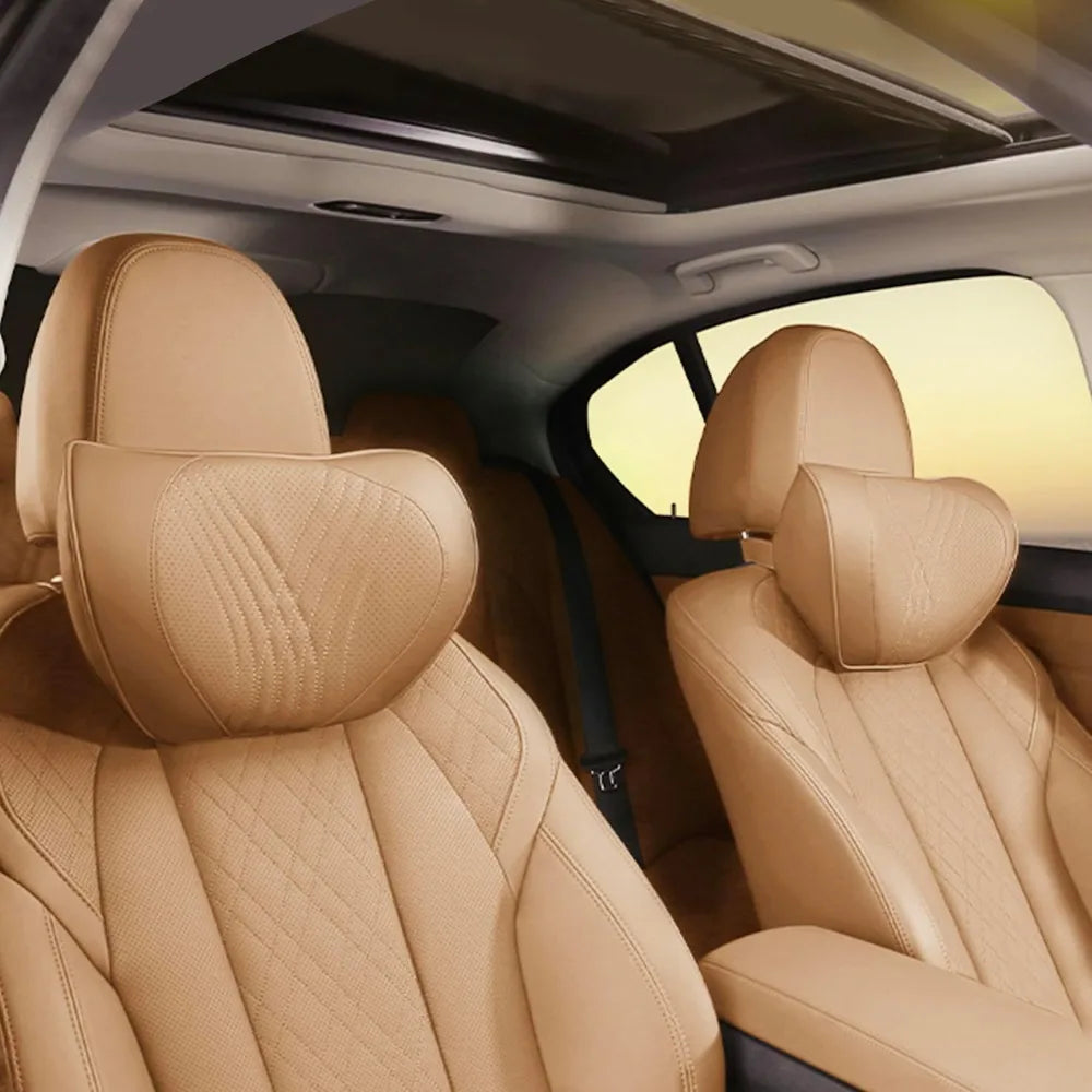 Palomino Brown Leather Car Neck Pillow Memory Foam Headrest