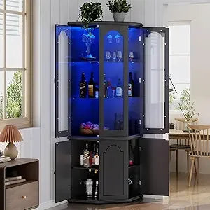 Corner Bar Cabinet With LED Lights Tempered Glass Door