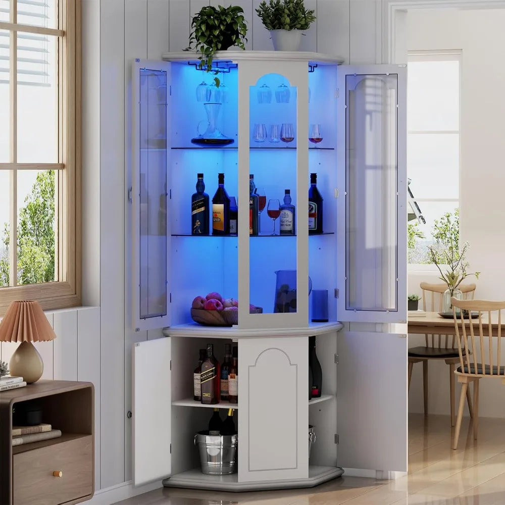 Corner Bar Cabinet With LED Lights Tempered Glass Door