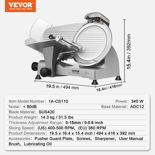 Vevor 340W Meat Slicer Stainless Steel Sharpening Stone