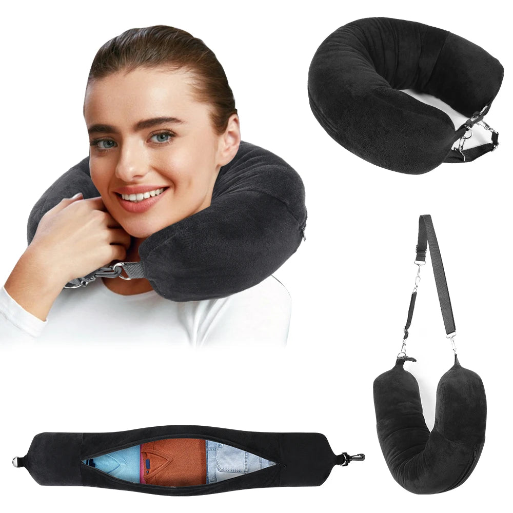 Travel Neck Pillow With Fillable U Shaped Pillowcase Bag