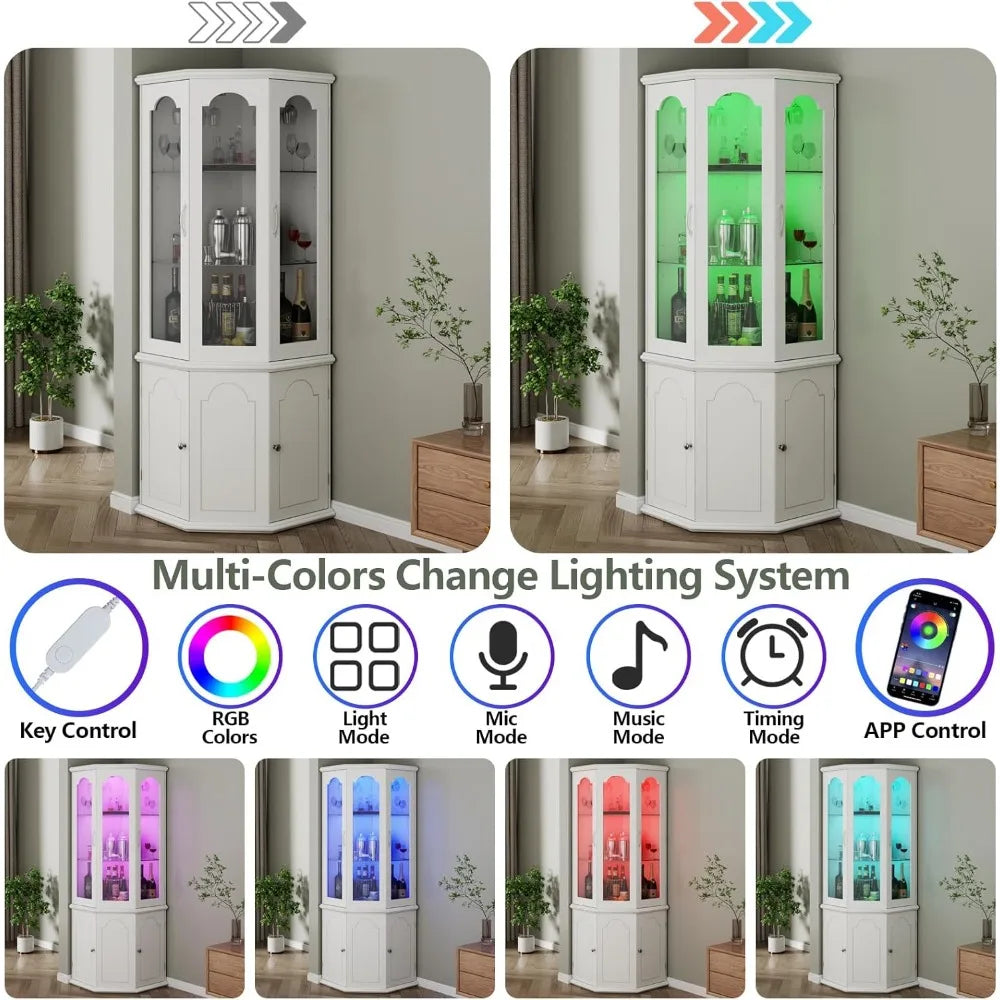 Corner Bar Cabinet With LED Lights Tempered Glass Door