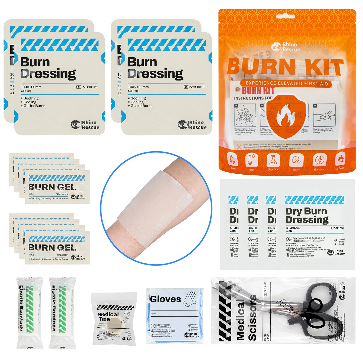 Rhino Rescue Burn Care Kit Dressings Gel Packets Cooling
