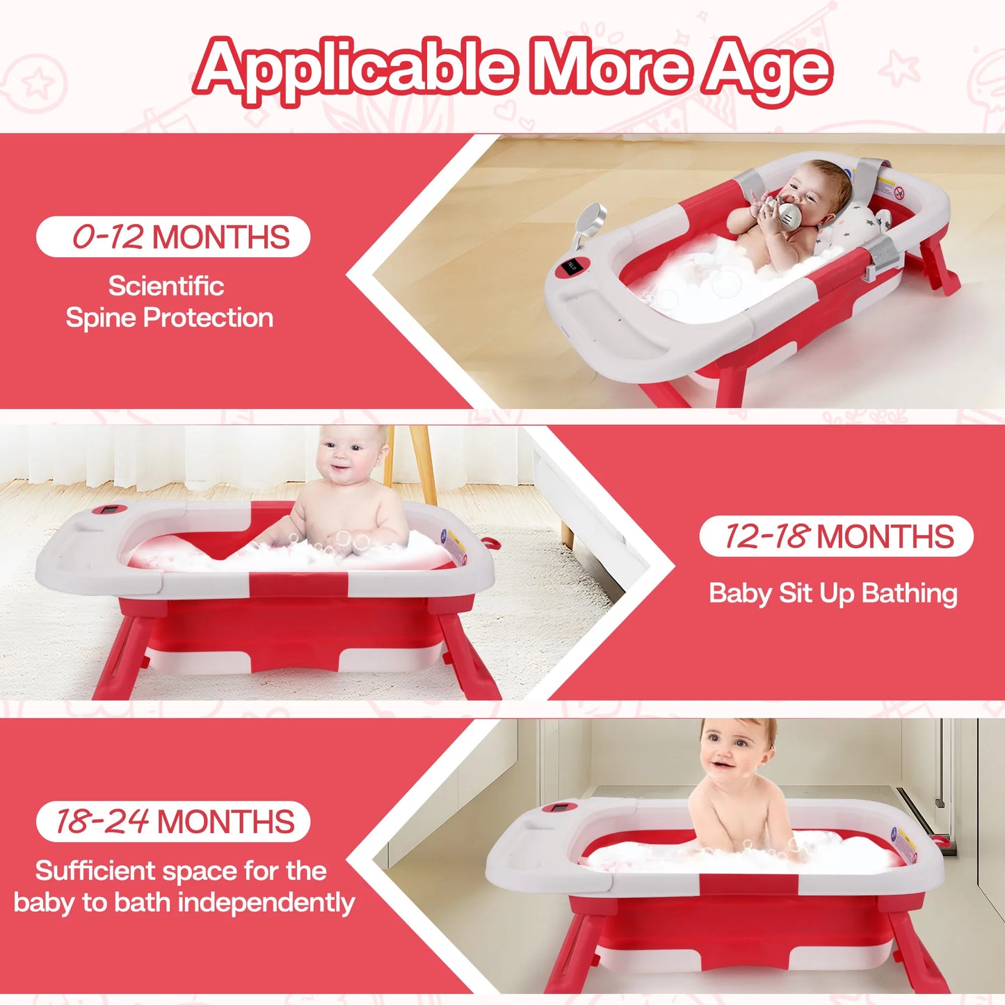 Portable Baby Bath Tub with Cushion and Thermometer for Infants